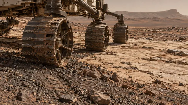 A rover wheel on a rock slab
