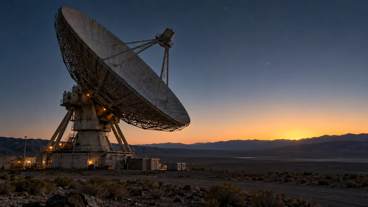 A Deep Space Network antenna at dusk