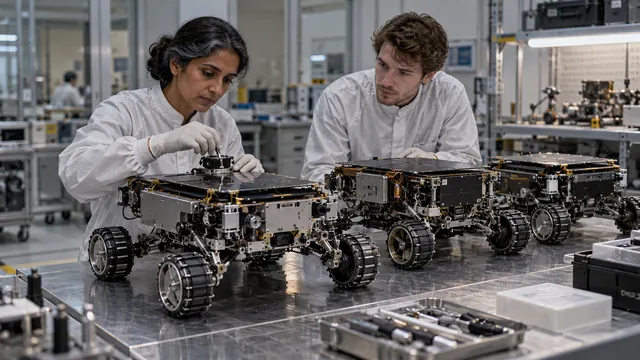 Engineers with the rover models