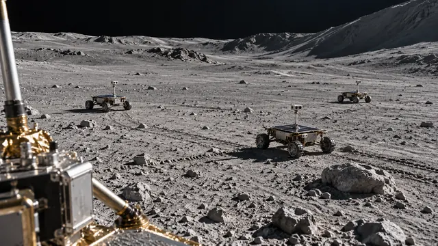 Three small rovers crossing a lunar plain
