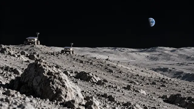 The rovers on the Moon with Earth rising behind them