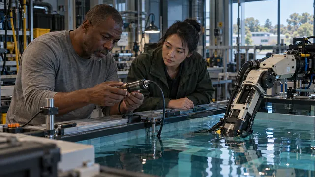 Two engineers at the test tank while the robot arm works underwater