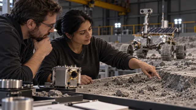 Two team members choosing the measurement site on a terrain model, with a test rover behind them
