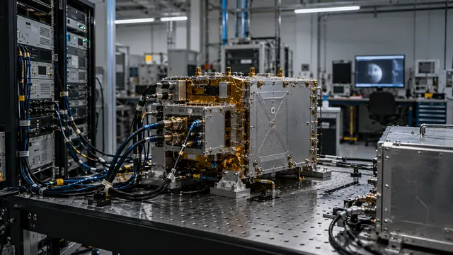 Flight electronics wired up for testing on a laboratory bench