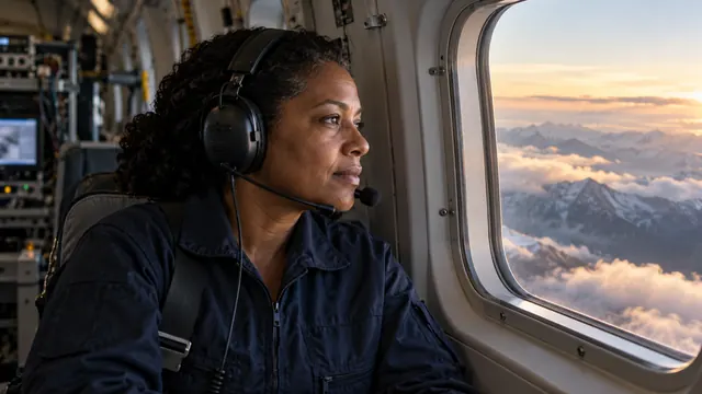 Investigator at the aircraft window, in the scenario on wind measurements during smoke season