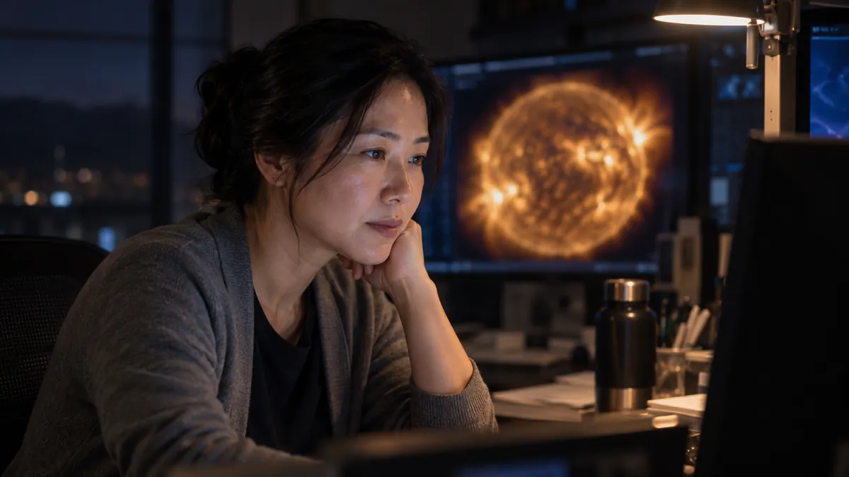 Scientist with the flare on screen, in the scenario on recovering a lost solar observation