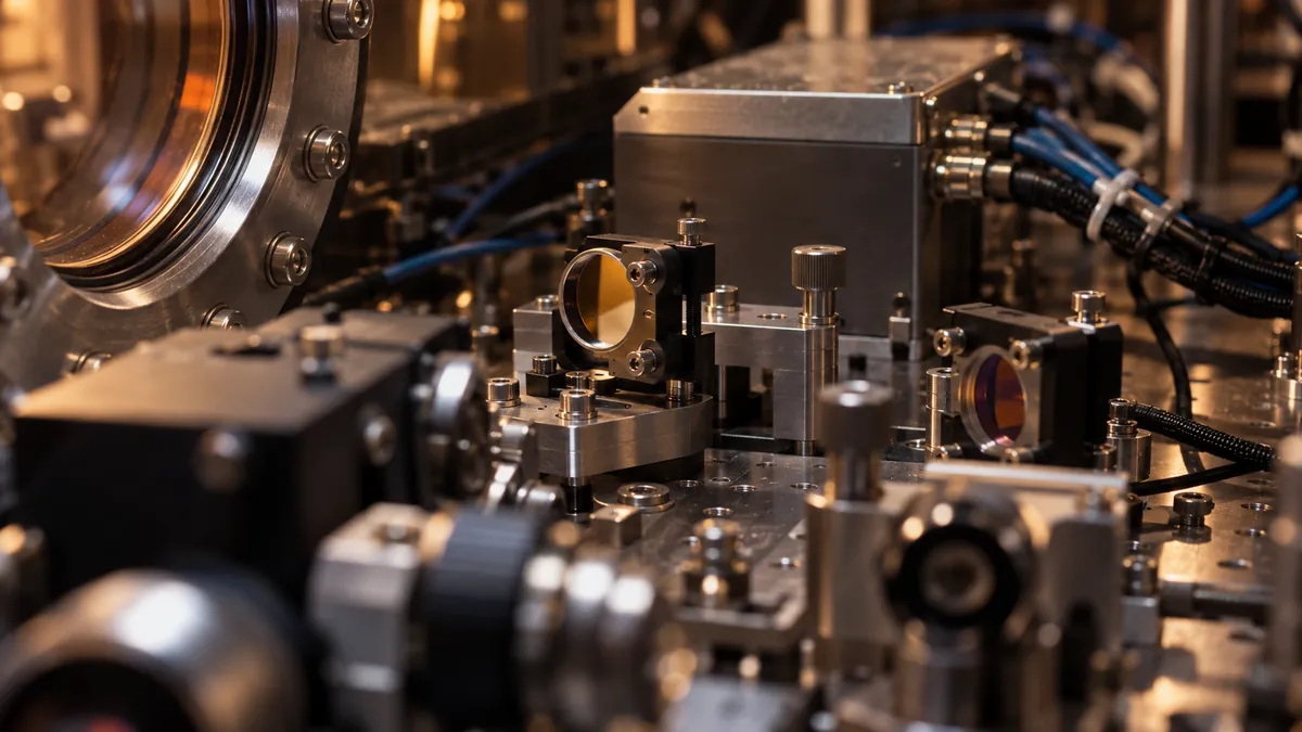 Close view of the laser optics, in the scenario on a changing signal in an orbiting cold-atom experiment