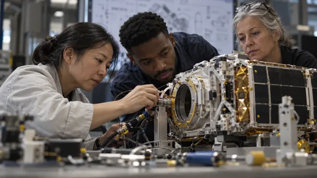 Three engineers working on the flight unit, in the scenario on a returned crystal sample