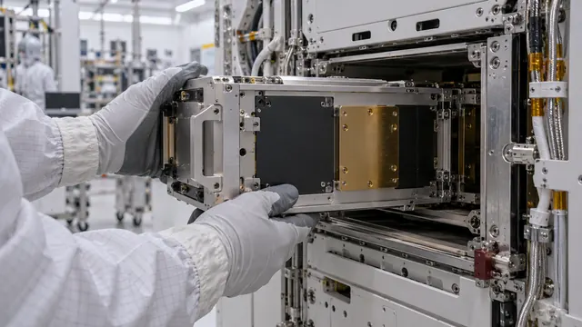 Gloved hands sliding a module into an equipment rack, in the scenario on a returned crystal sample