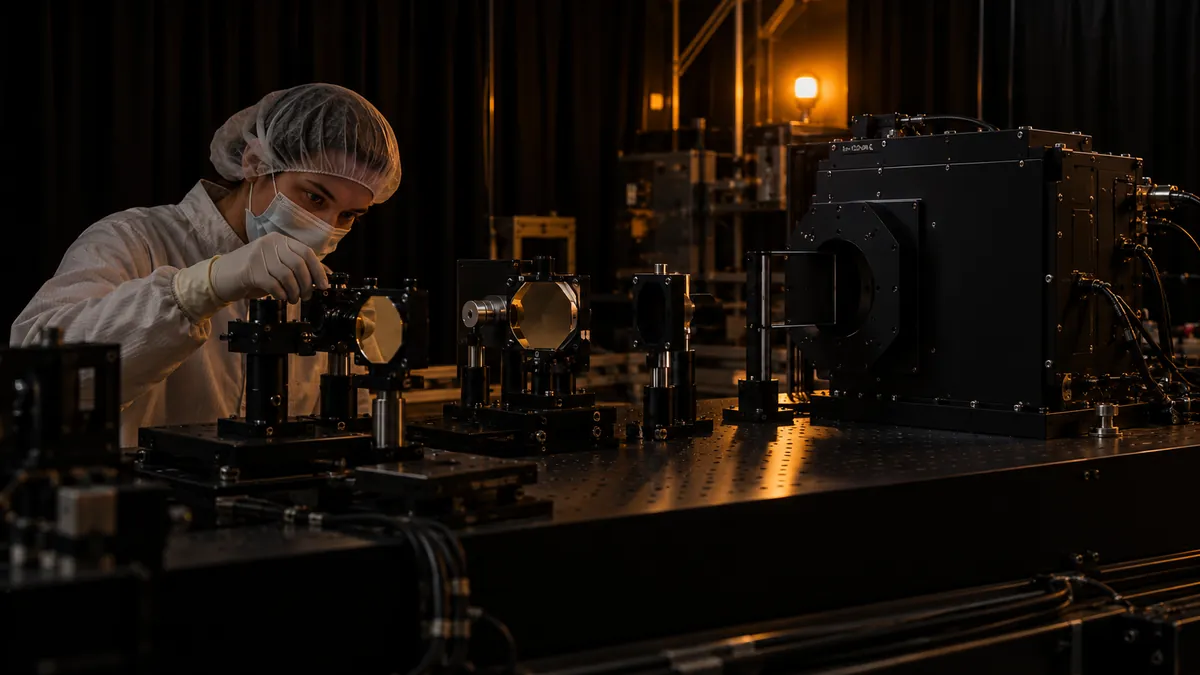 An astronomer at an optical bench in a dark laboratory, in the scenario on a faint point in a planet-search test image