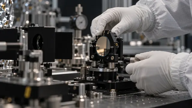 Gloved hands adjusting an optical mount, in the scenario on a faint point in a planet-search test image