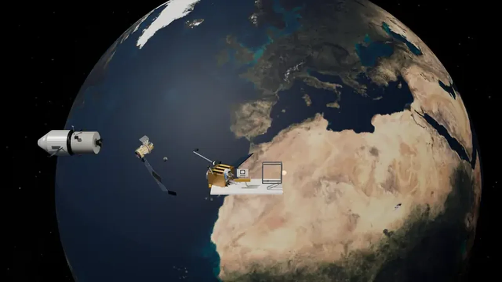 Draft image of a lander and a fuel depot above Earth